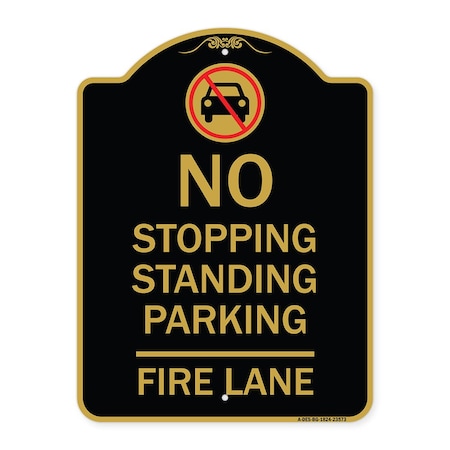 No Stopping Standing Fire Lane With Graphic, Black & Gold Aluminum Architectural Sign